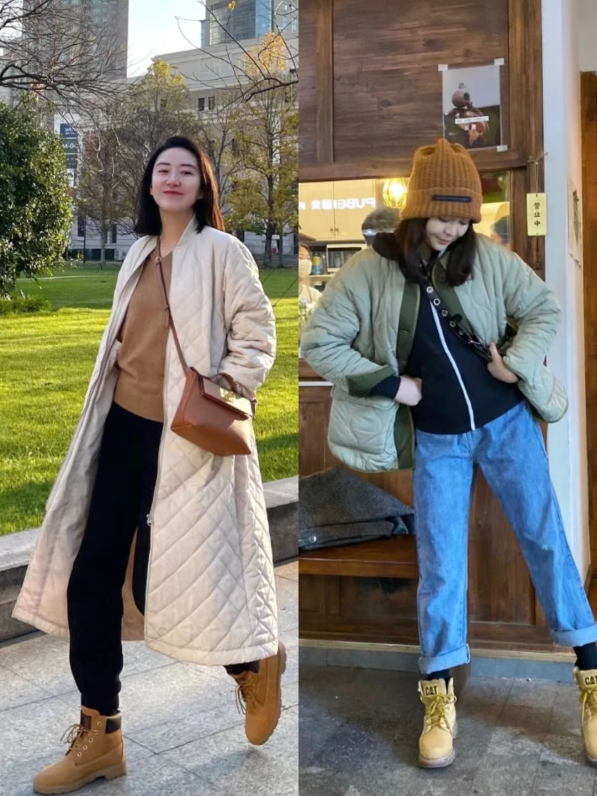 白色羽绒服配大黄靴马丁靴,今年流行的羽绒服配长筒靴