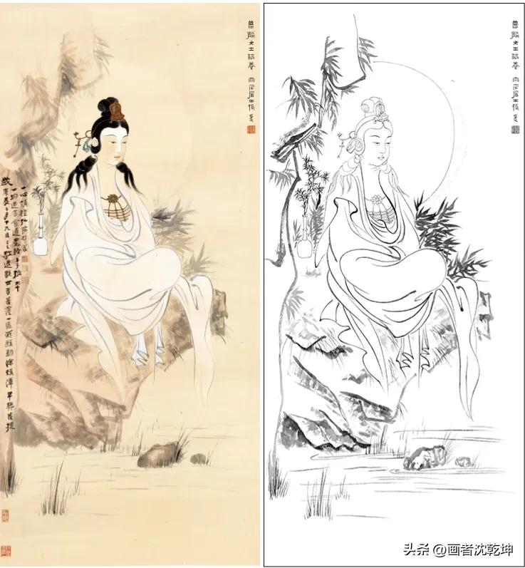 张大千临摹敦煌壁画白描稿,张大千工笔人物头部白描