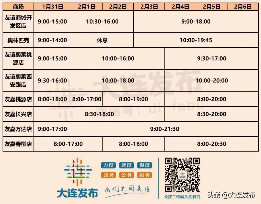 2020年大连商场春节营业时间,大连2022年各商场春节营业时间表