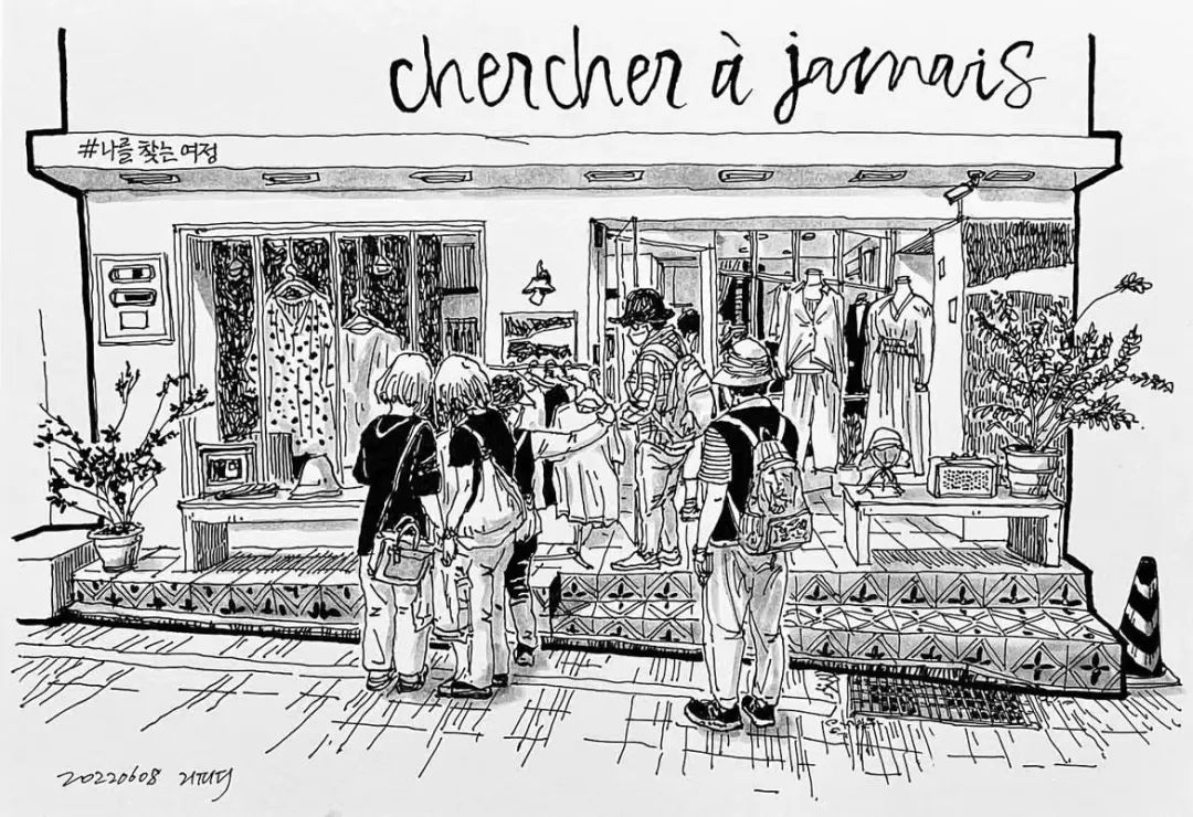 日本画家创作的铅笔街景速写,韩国速写大师