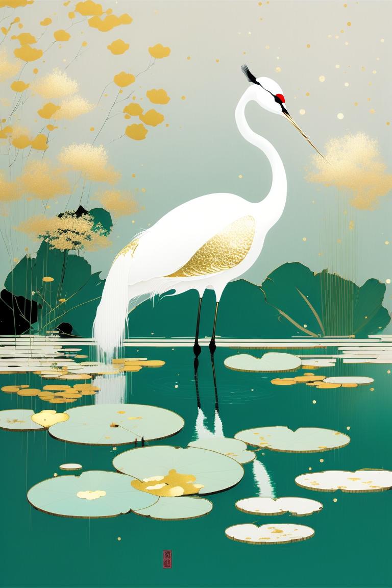 水墨画荷花中的芦苇水草,水墨荷花水中倒影绘画