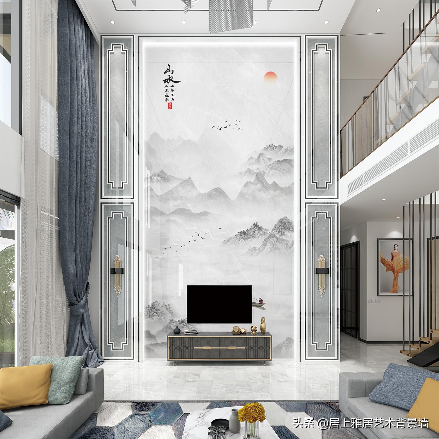 复式挑高沙发背景墙装饰画,自建房复式楼电视背景墙效果图