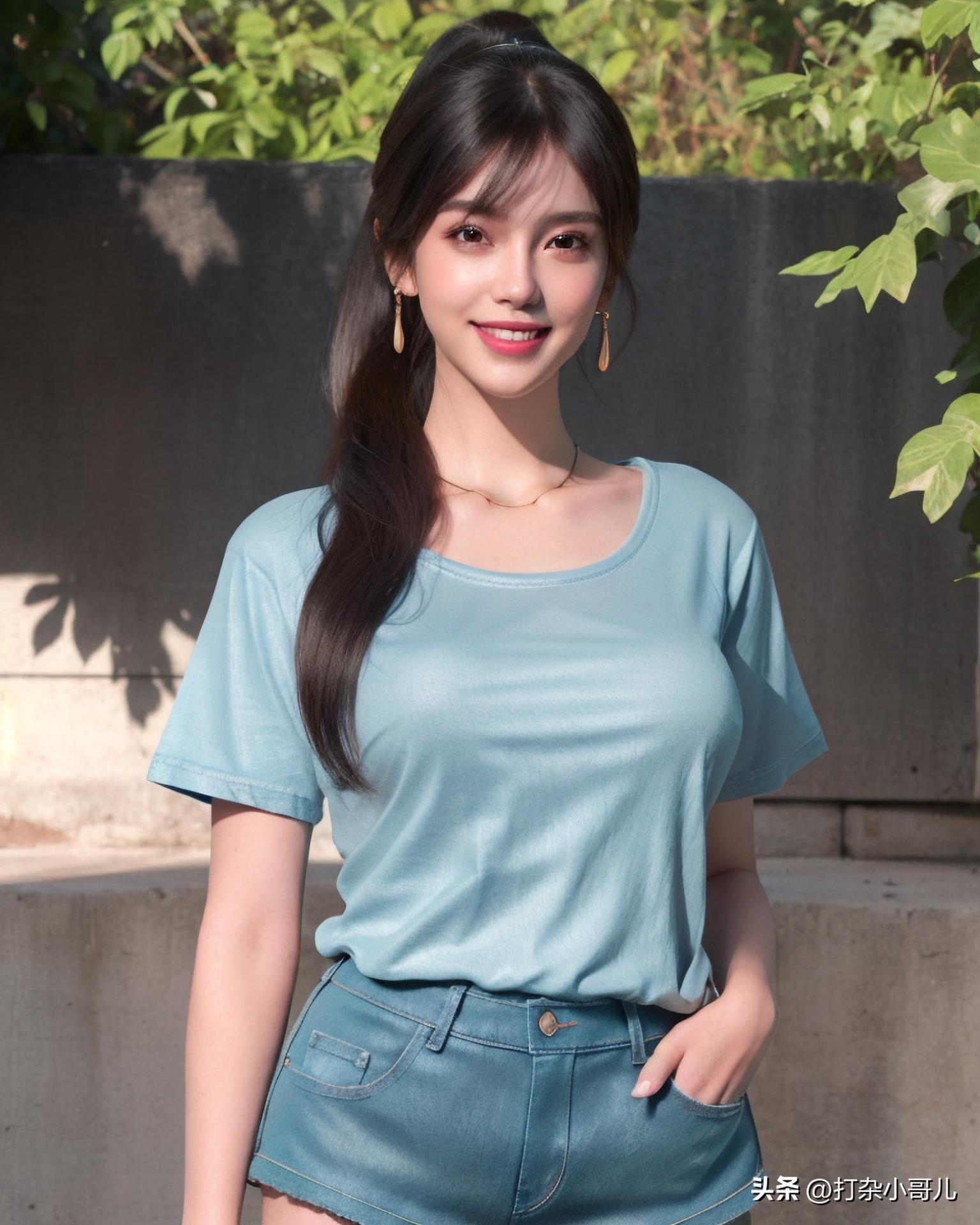 夏日穿搭黑短袖黑短裤,女款t恤穿搭女士牛仔短裤方法