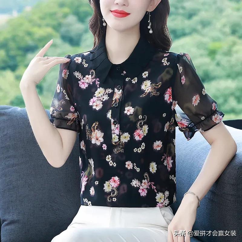 雪纺衫宽松遮肚子中长款短袖碎花,雪纺镂空春季女装刺绣蕾丝衫显瘦
