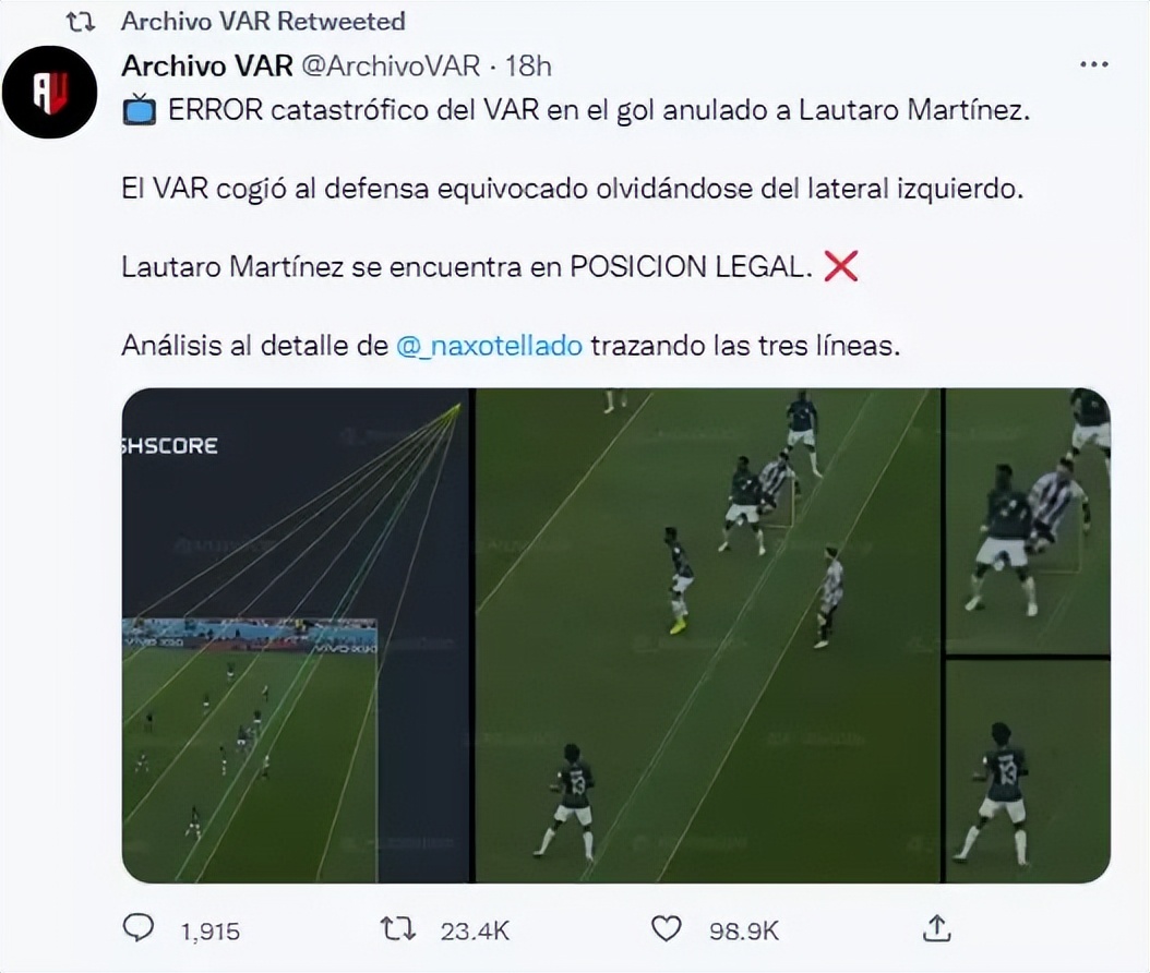 世界杯大冤案?劳塔罗或没越位,阿根廷媒体质疑VAR越位系统误判