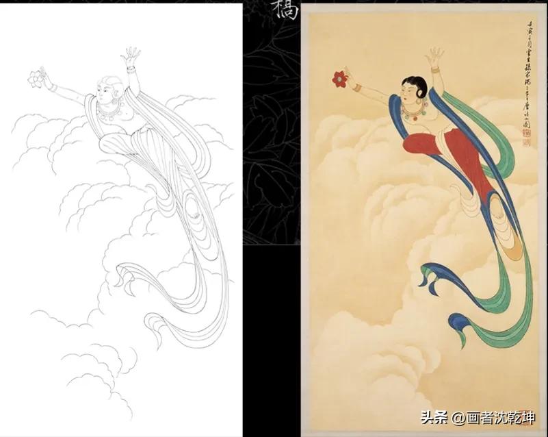 张大千临摹敦煌壁画白描稿,张大千工笔人物头部白描