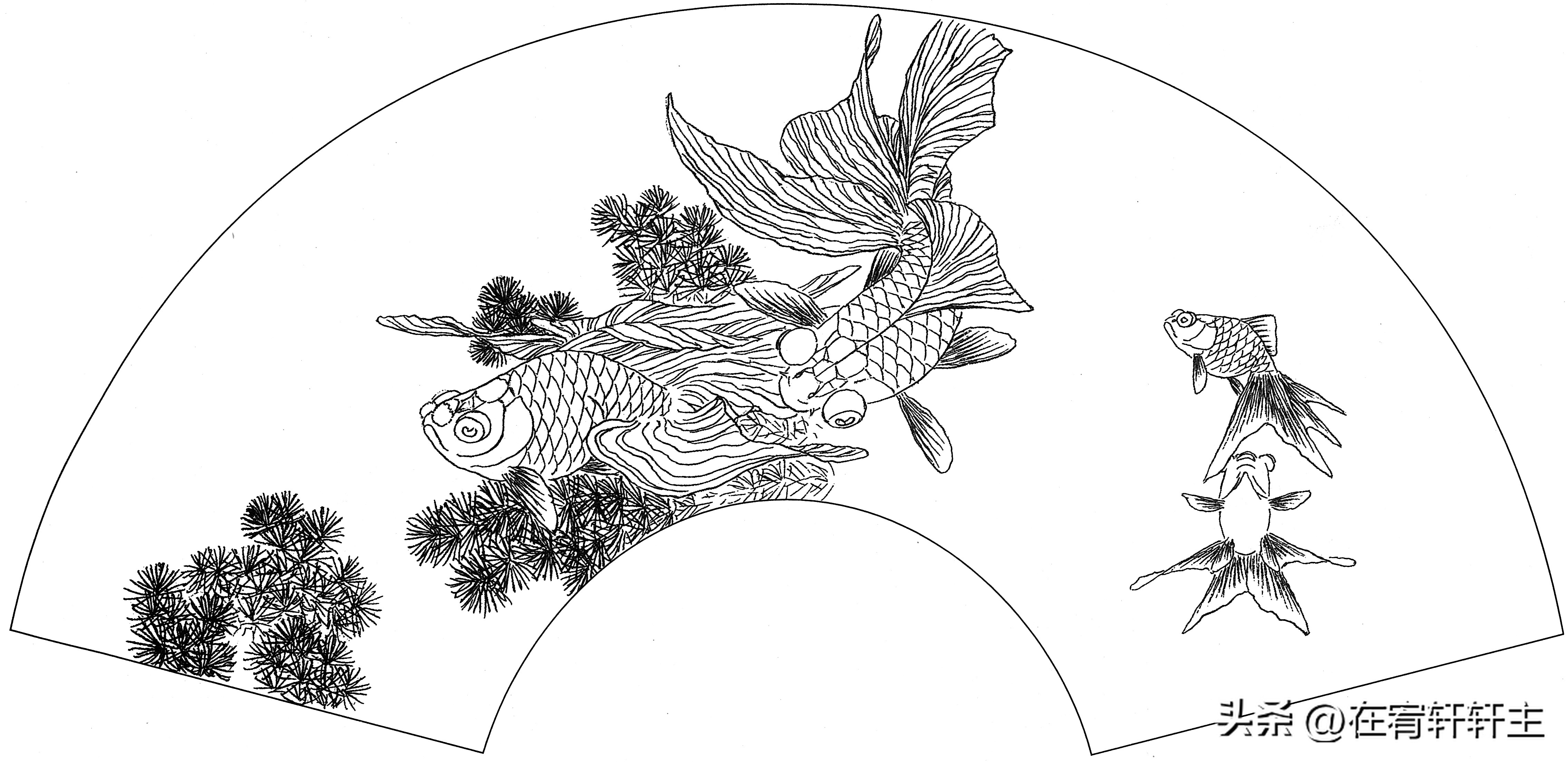 工笔白描祥云图案扇面,工笔扇面葡萄白描图片