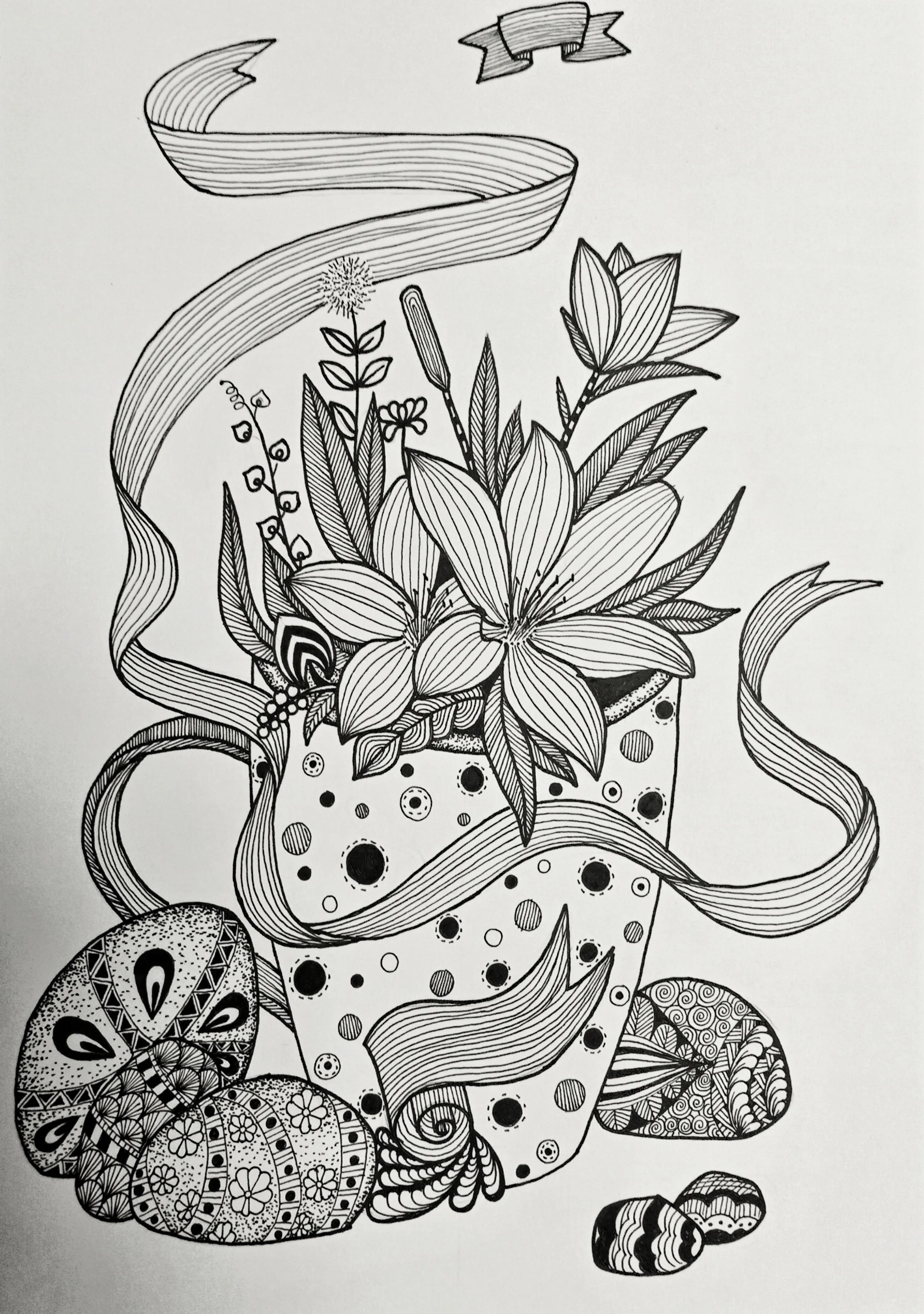 线描画作品花难度中等,高难度黑白线描怎么画教程