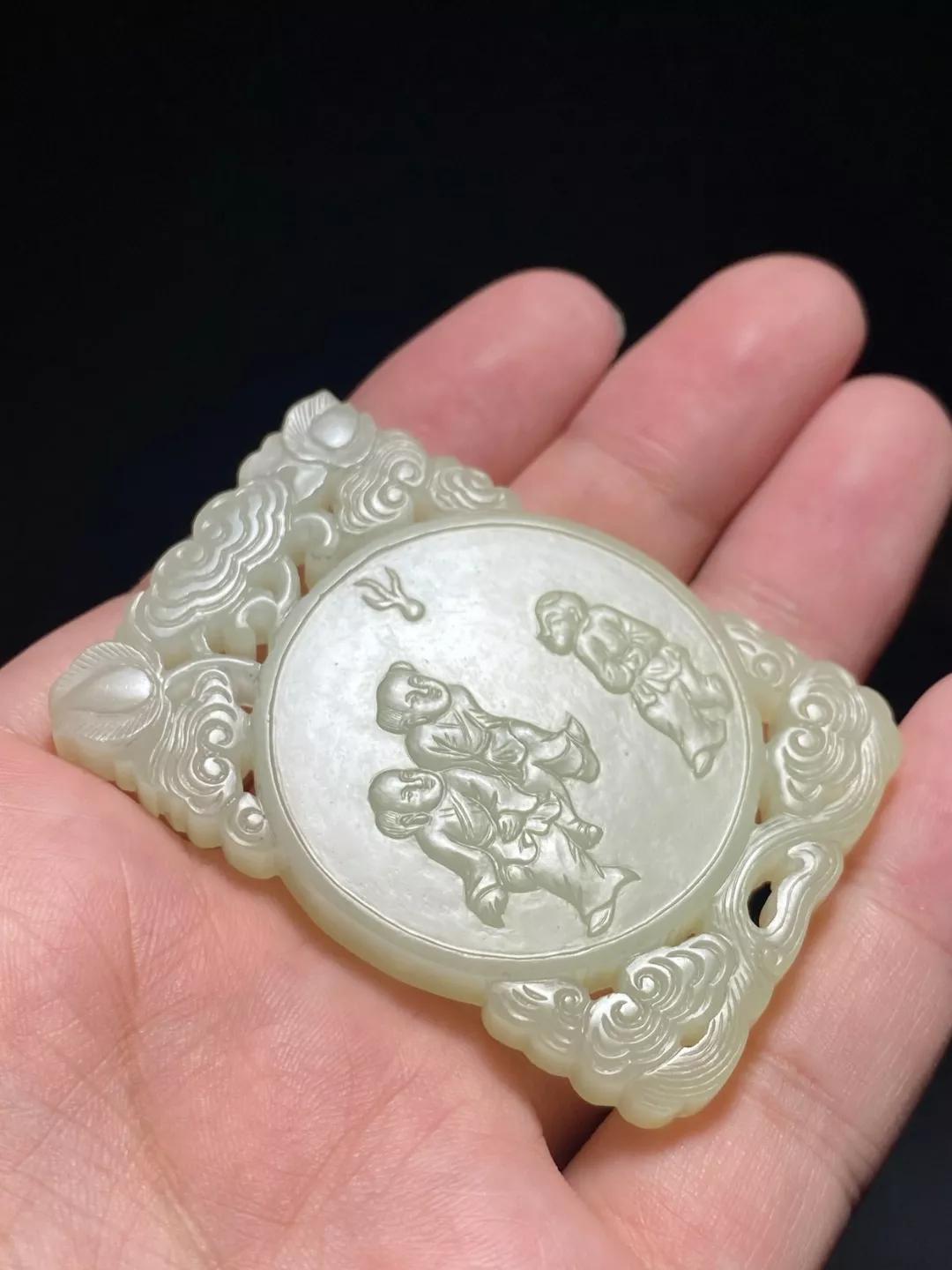 清中期和田羊脂白玉童子,清中期和田白玉双喜玉牌图片