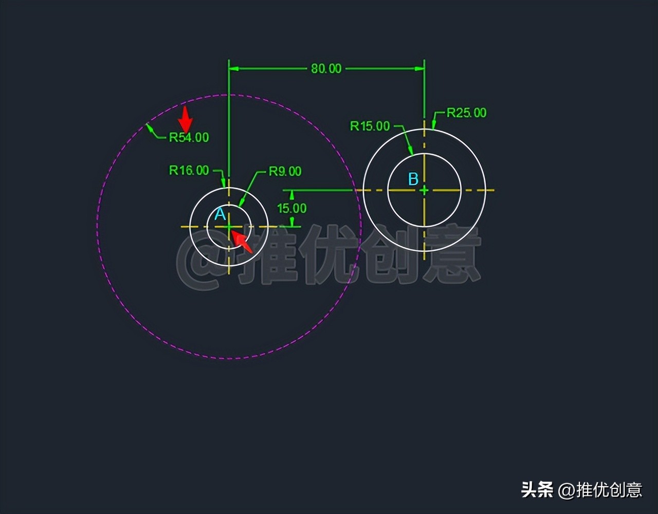 autocad内切和外切圆画法,内切相减外切相加