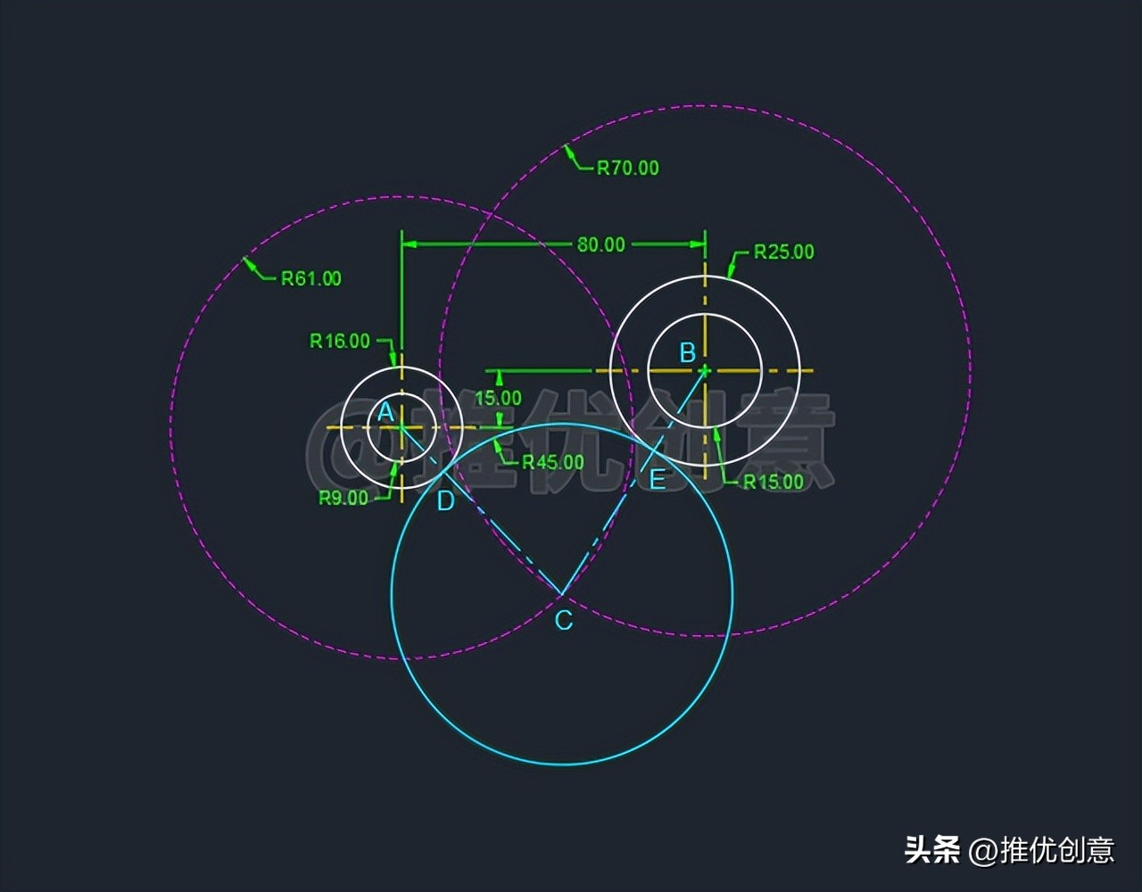autocad内切和外切圆画法,内切相减外切相加