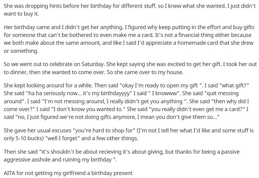 女朋友不接受我送的生日礼物,女朋友不愿意送我生日礼物