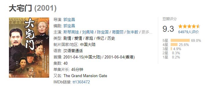 20年前的大宅门至今还在热播,大宅门9.0以上评分