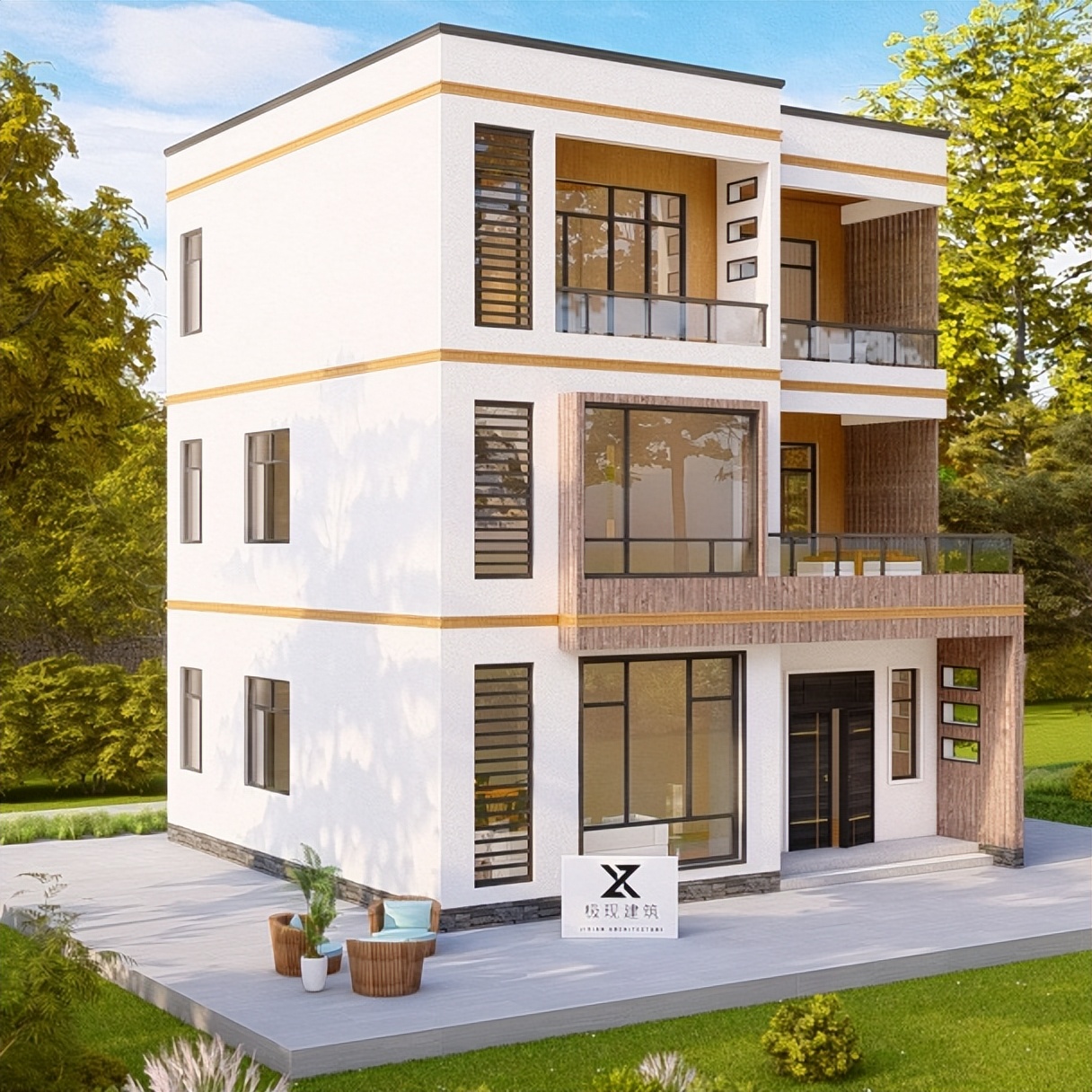 2021现代风三层别墅面宽9米x13米,三层自建房现代风100平