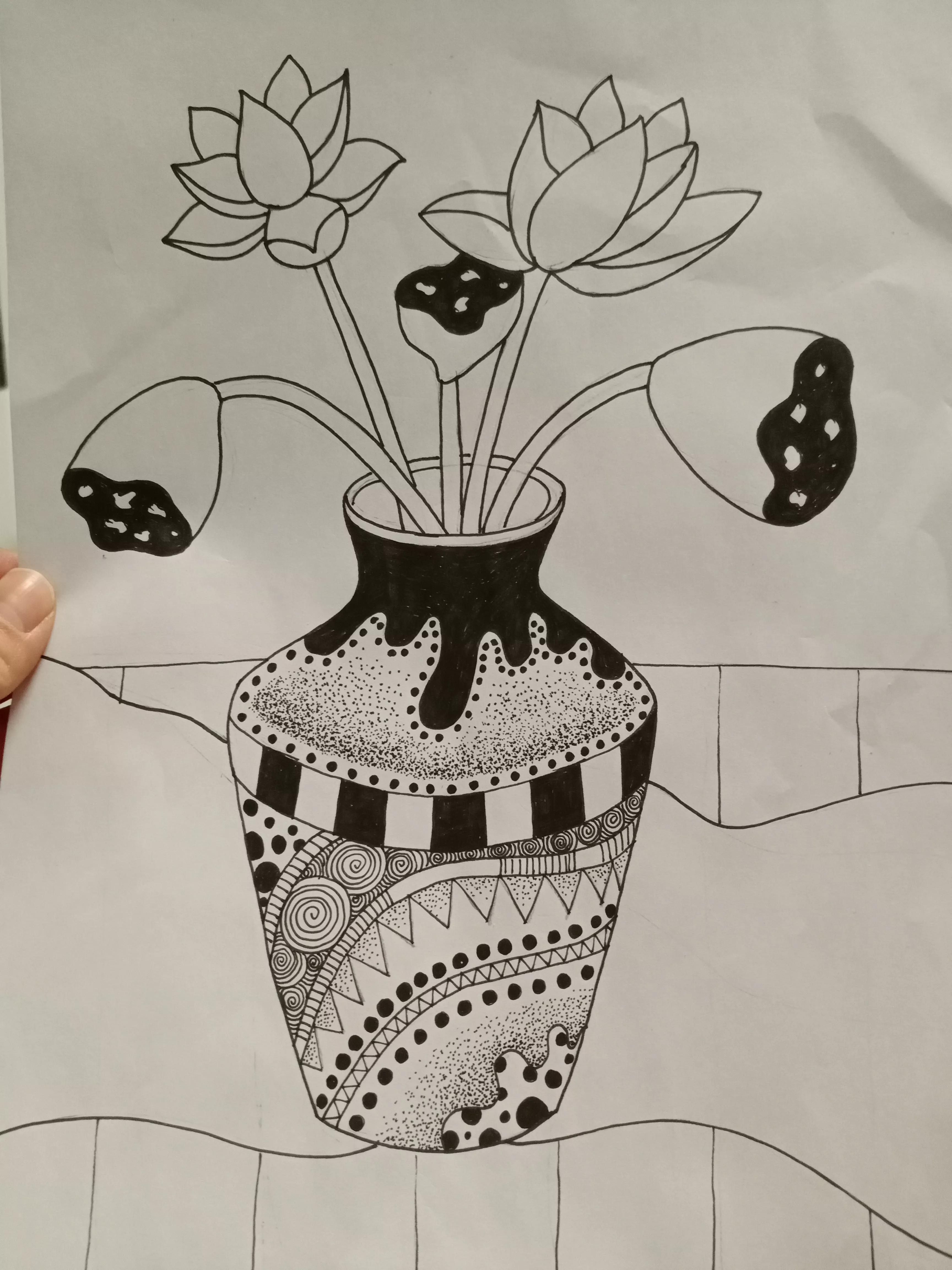 花瓶里的花线描画,线描画花瓶教学视频