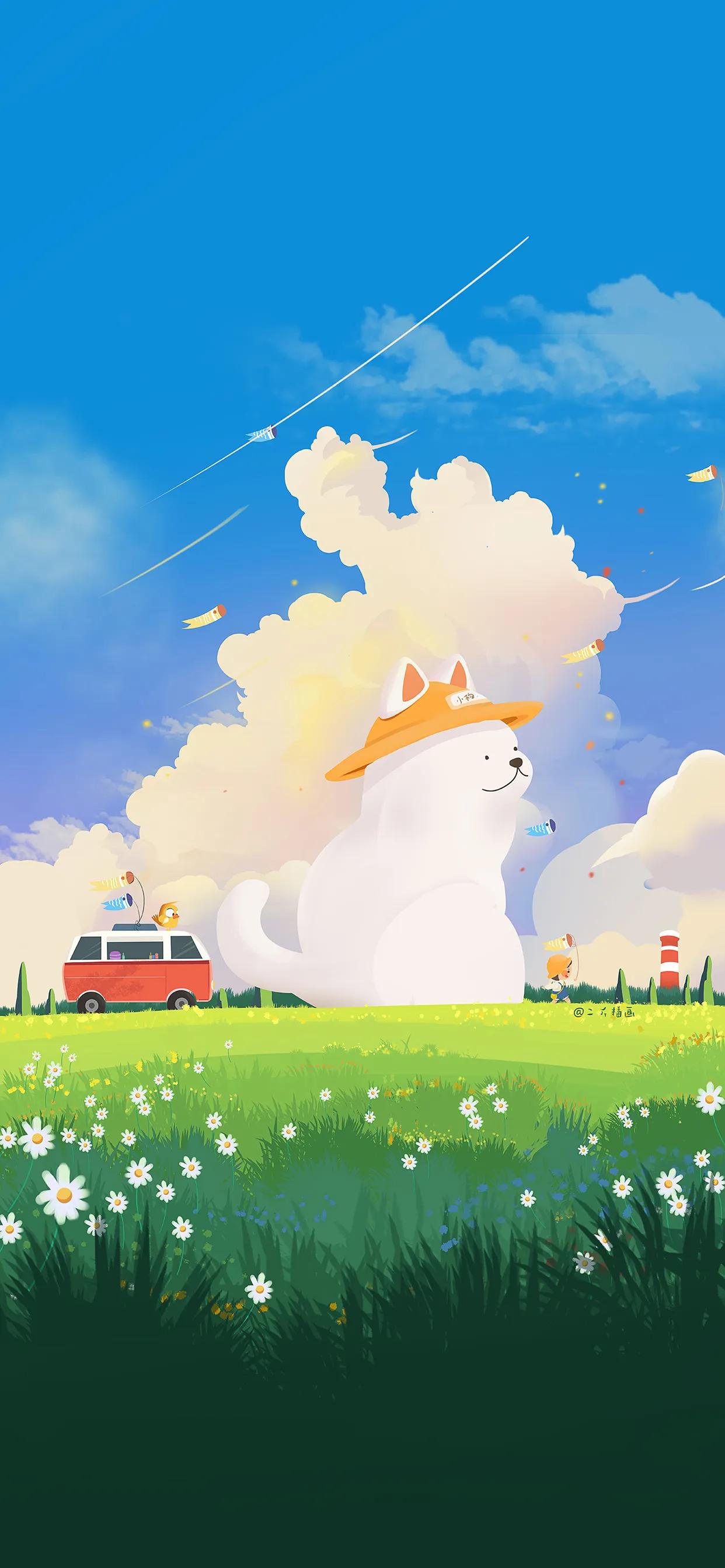 萌图100张可爱壁纸,春日海边小镇壁纸插画