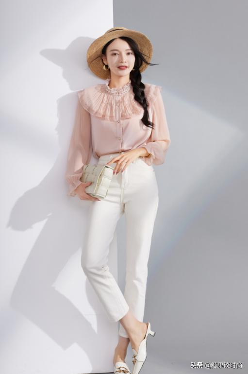 粉色雪纺衫怎么搭配下身,粉色大码雪纺衫胖mm上衣