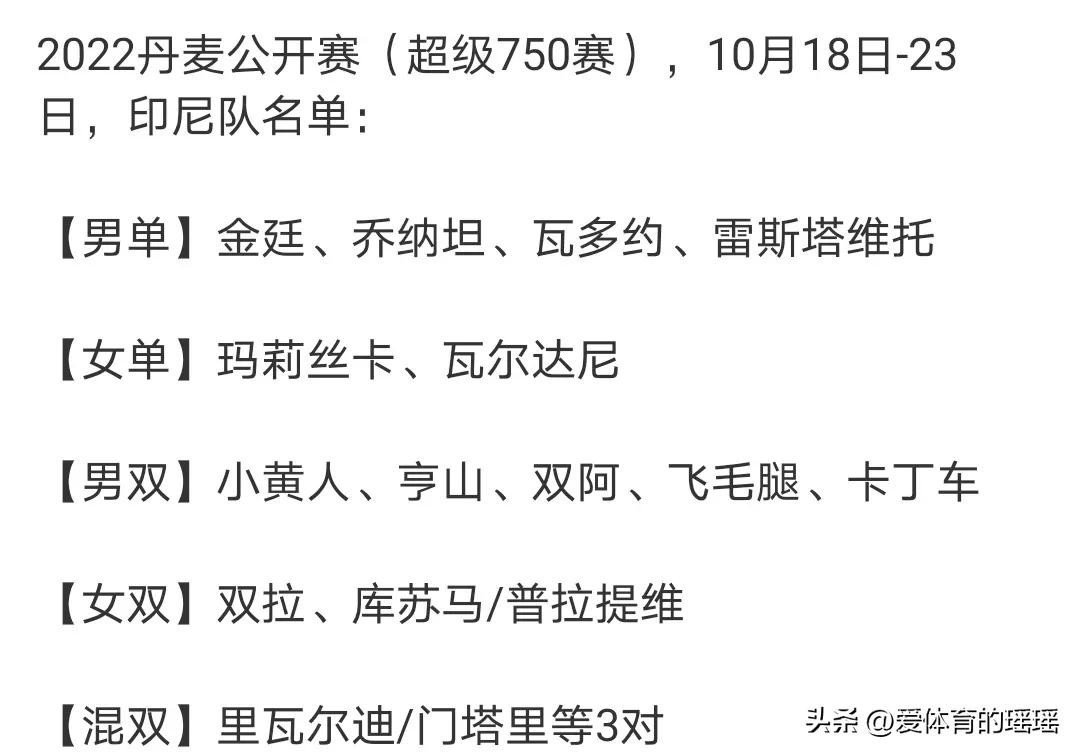 丹麦公开赛印尼大名单！金廷成石宇奇冲冠阻碍！男双五队阵容强大