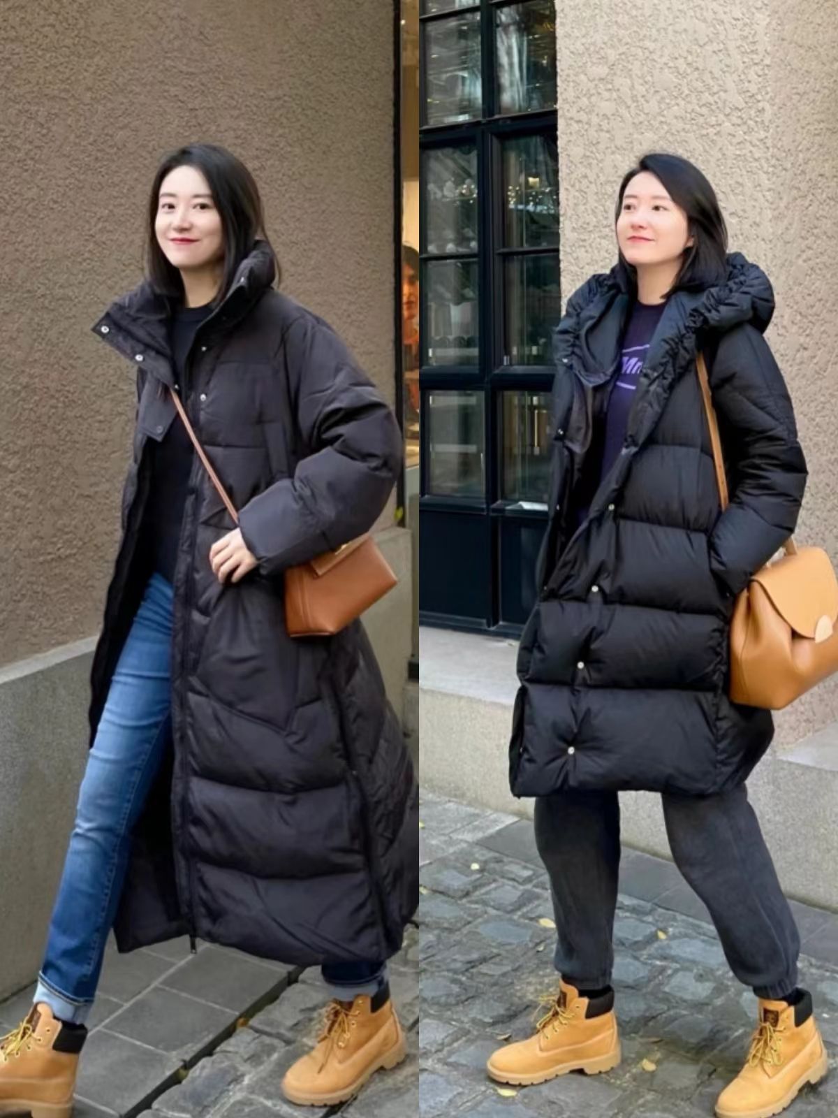 白色羽绒服配大黄靴马丁靴,今年流行的羽绒服配长筒靴