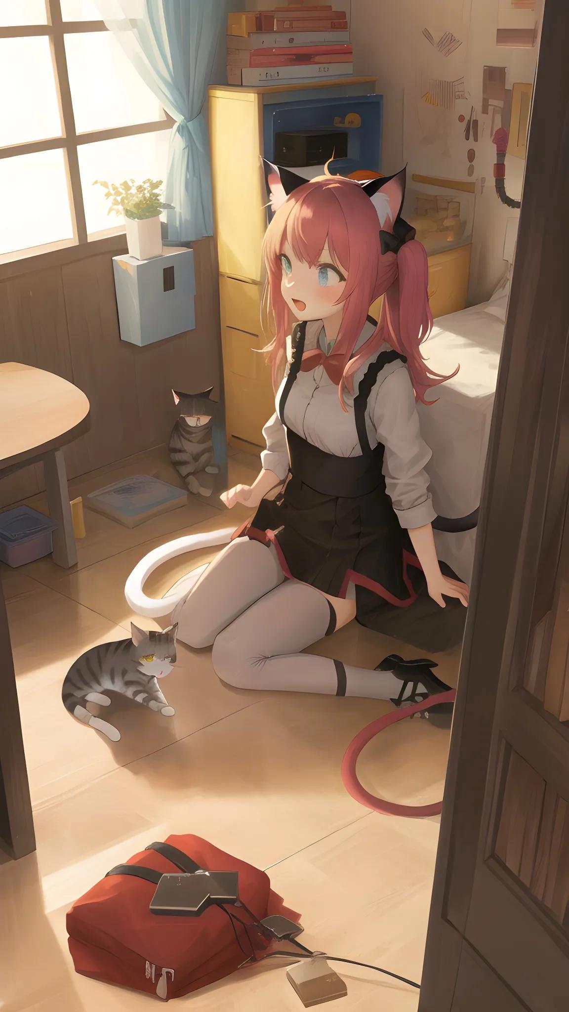 二次元动漫猫系少女猫羽壁纸,壁纸图片卡通少女与猫