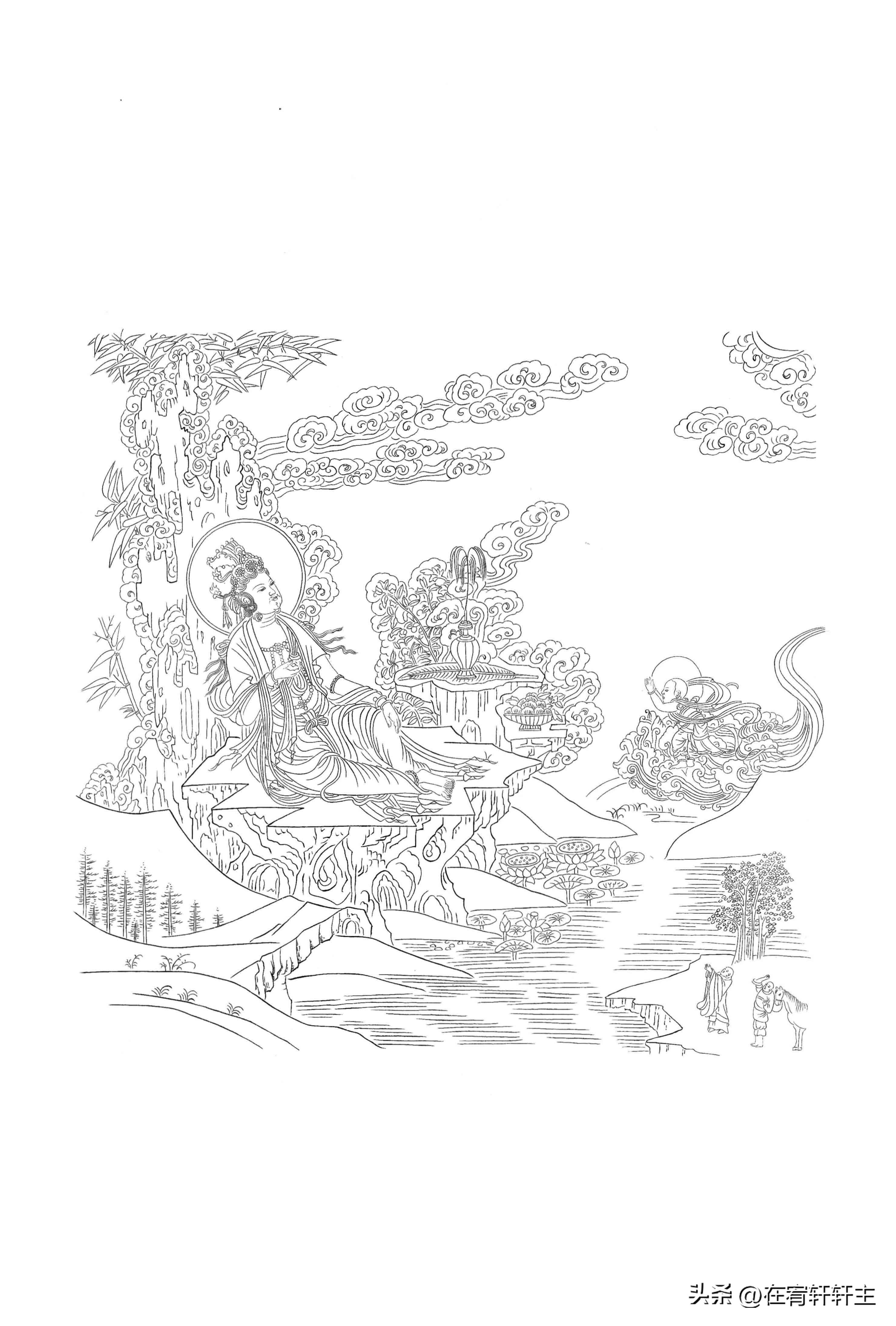 工笔白描观音苏柏斗,工笔画国画白描观音