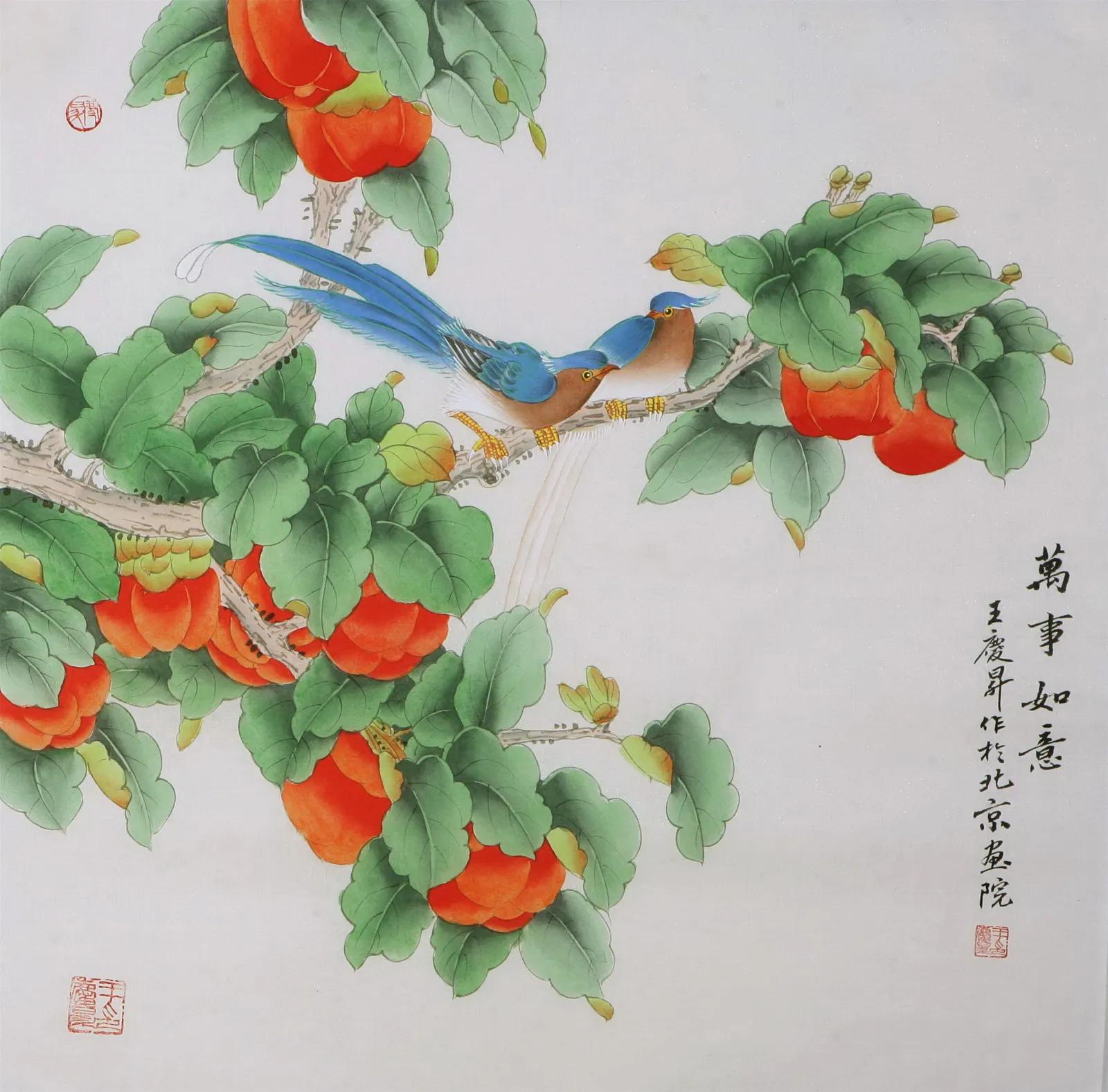 柿子喜鹊国画寓意,喜鹊柿子画寓意