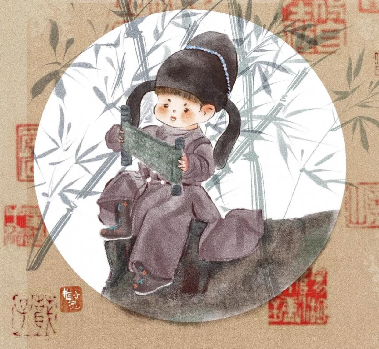 可爱的古风小人插画,古风插画风景手绘简单小图案黑白